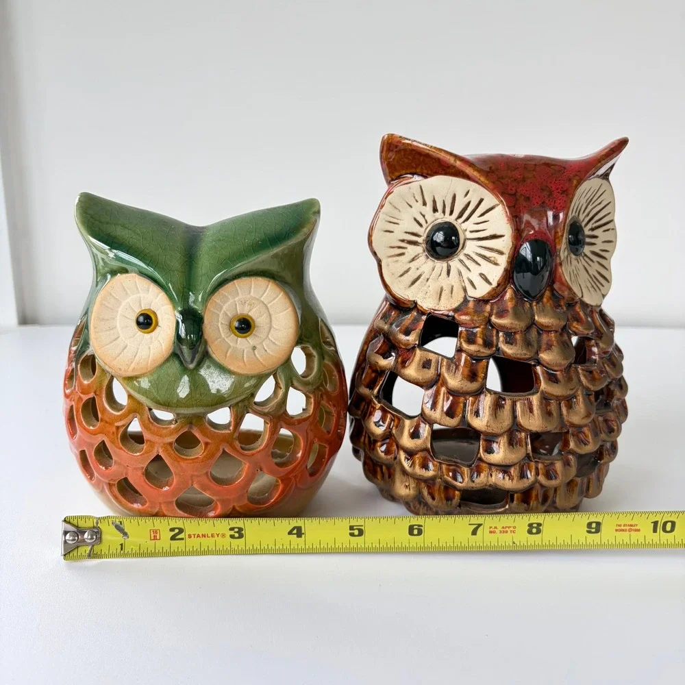 Vintage Ceramic Owl Tea Light Candle Holder Pair Mid Century Retro Boho Decor